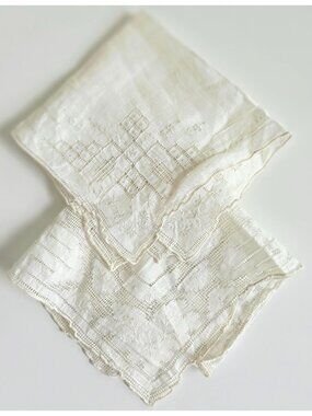 Vtg White Linen Handkerchief Embroidered Floral & Geometric Design 10x10 Inches